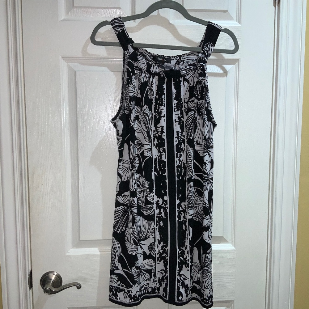 Style & Co Black White Floral shift dress Sz L bow detail sleeveless easy care